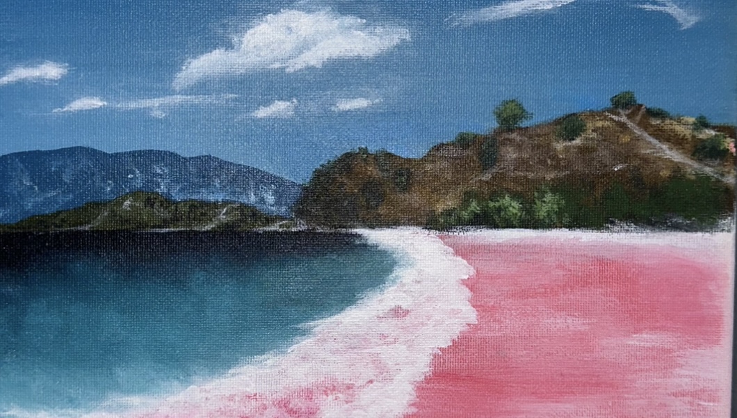 Painting of beach with pink sand by Lexi Randt